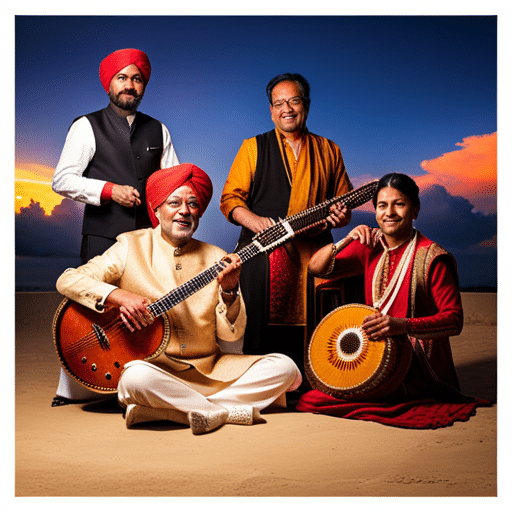 An image showcasing a fusion of traditional Indian instruments like sitar and tabla blending seamlessly with Western instruments like guitar and drums, capturing the vibrant energy of Indian-Western music collaborations