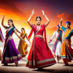 An image showcasing a vibrant wedding setting with 14 dancers performing Hindi folk dances