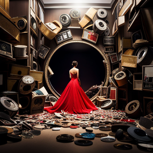 An image showcasing a dim-lit room with a red carpet, where a shattered award statue lies in pieces, surrounded by tattered film reels and torn magazine covers featuring Bollywood stars caught in scandalous controversies