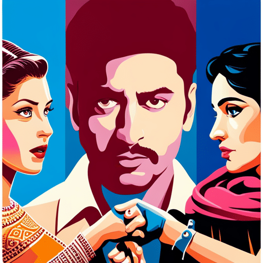 An image showcasing a vibrant Bollywood movie poster collage, featuring iconic characters engaged in intense conversations amidst colorful backgrounds