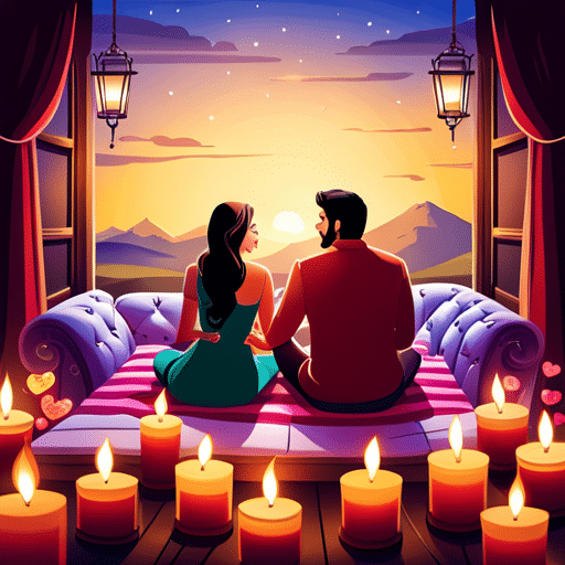 An image featuring a couple sitting on a cozy couch, surrounded by soft candlelight