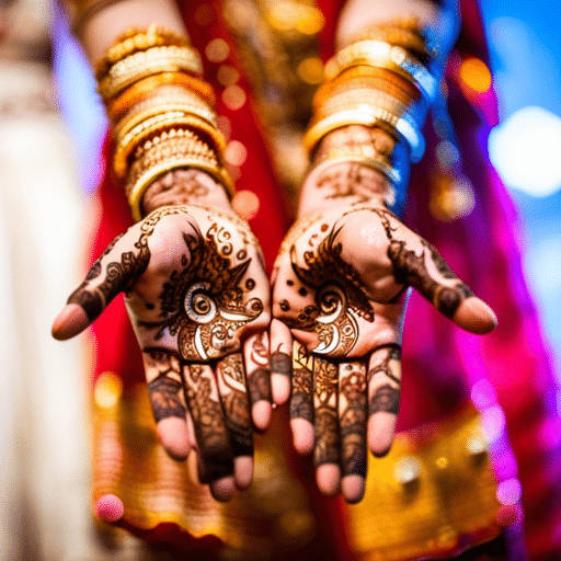 the vibrant essence of Hindi folk dance at weddings: a mesmerizing swirl of color and movement, as dexterous hands adorned with intricate mehndi designs expertly weave together rhythmic steps, while traditional jewelry sparkles under the joyous celebration's golden glow