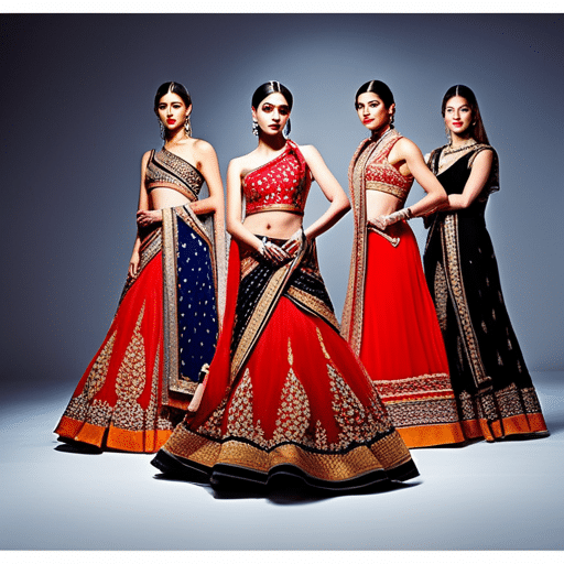 An image capturing the allure of Indian fashion shows, featuring a collage of sensual moments: models swaying in vibrant lehengas, intricate lacework caressing bare skin, and smoky-eyed gazes meeting with electrifying intensity
